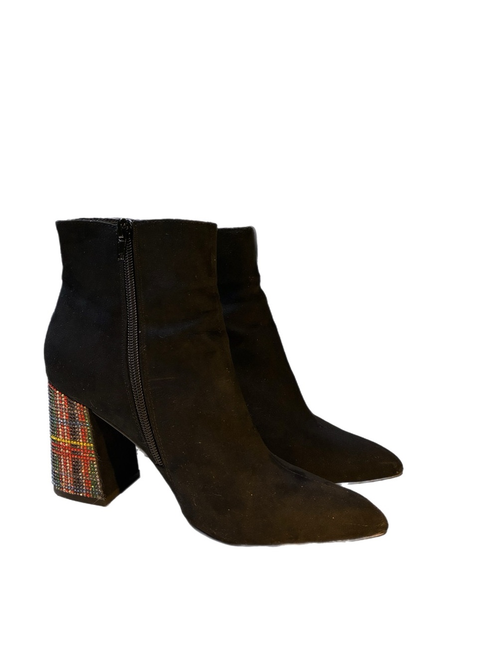 Betsey Johnson Kassie Black Suede Ankle Boots with Multicolor Rhinestone Heels - Picture 2 of 8